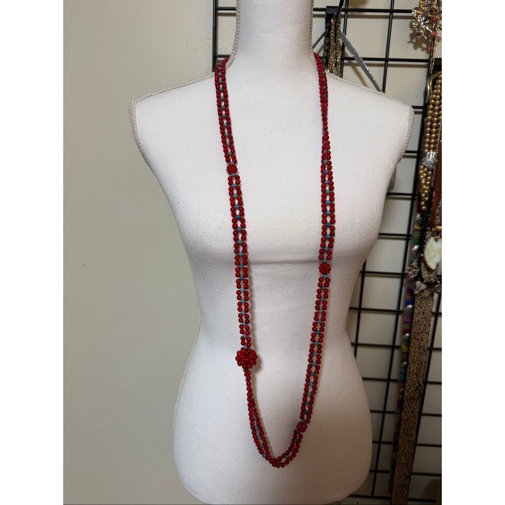 Long Red & Turquoise Glass Bead Necklace with Knotted Accents Unique